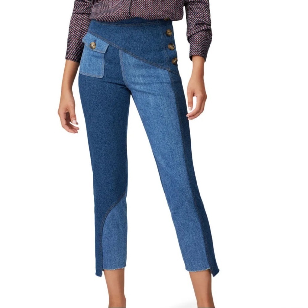 Rejina Pyo Luci Patchwork Contrast Raw Hem Slim Straight Ankle Jean Trousers 14